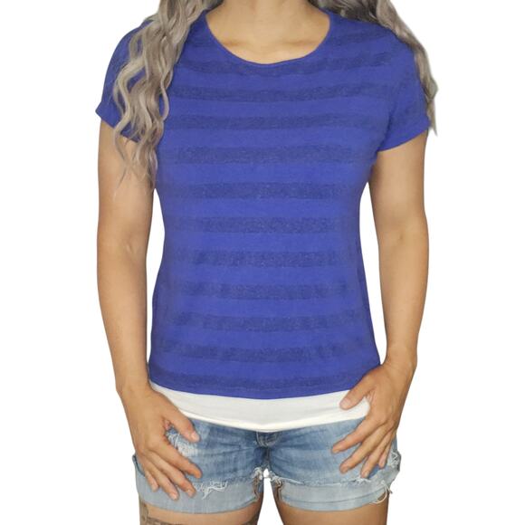 Blue Striped Shirt Womens PM Medium Petite Horizontal Sparkly Shimmer Cap Sleeve - Picture 1 of 12